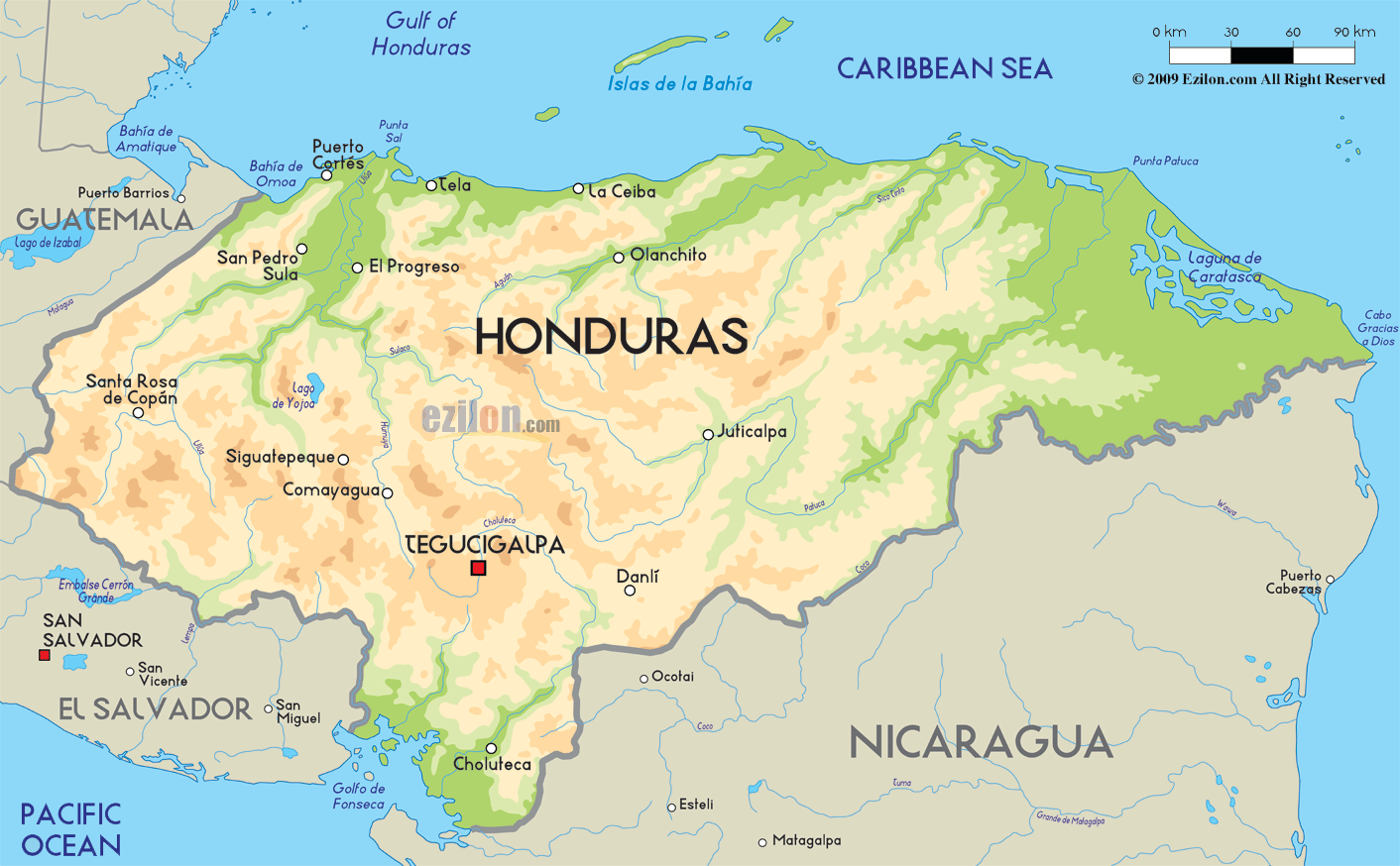 Honduras Country Physical Map